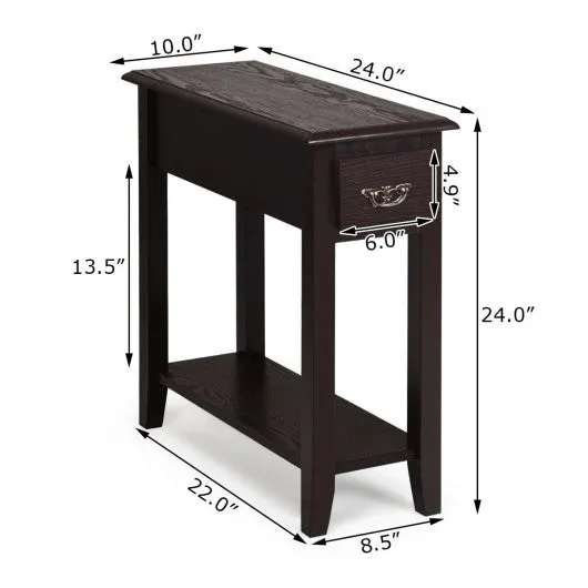 2 Tier End Bedside Sofa Side Table Narrow Nightstand-Espresso