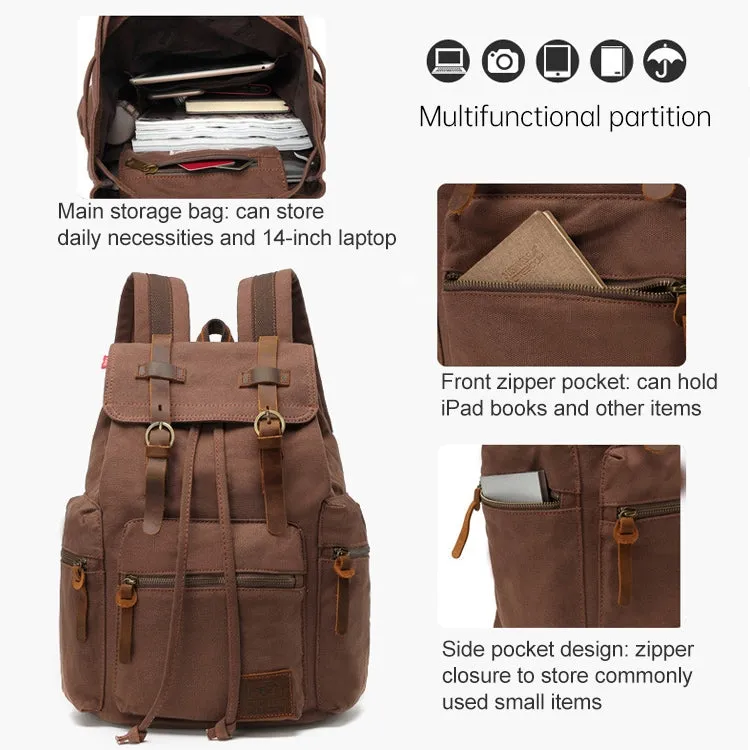 AUGUR 1039 Large Student Retro Canvas Backpack Shoulders Laptop Bag(Coffee)