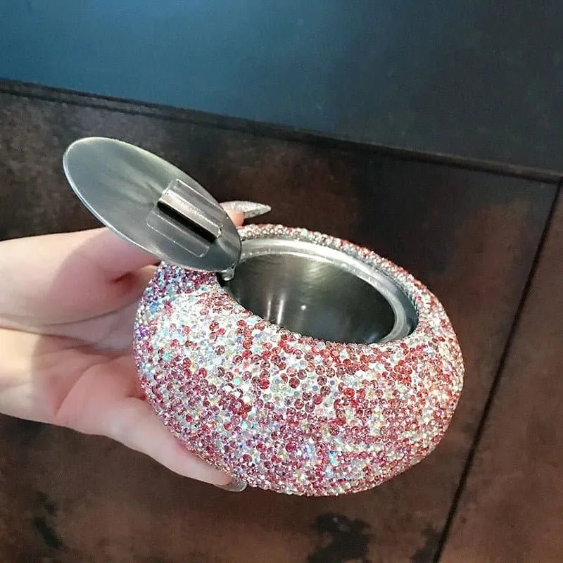 Bling Travel Ashtray - Portable Round Alloy Ashtray with Rhinestones