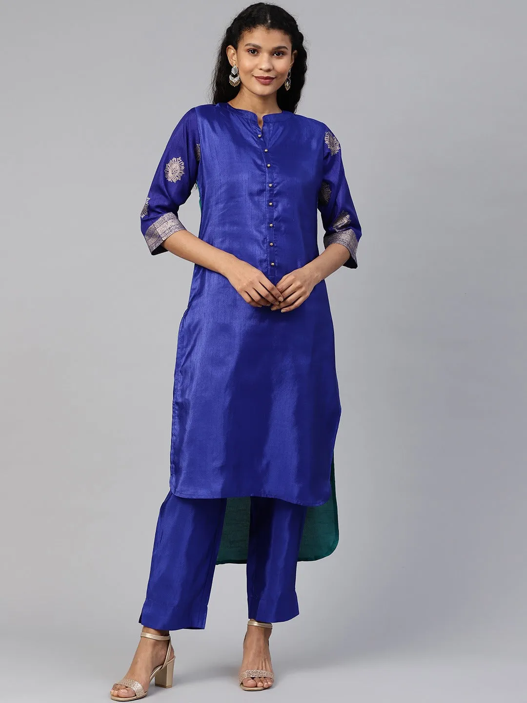 Blue & Green Solid High Low Kurta with Trousers