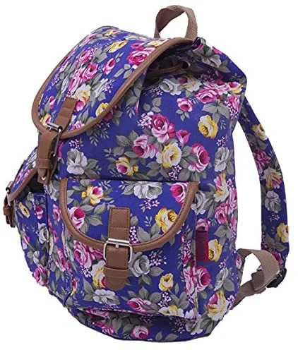 Bravo Vintage Women Canvas Travel Satchel Shoulder Bag Backpack Rucksack - Rose Blue