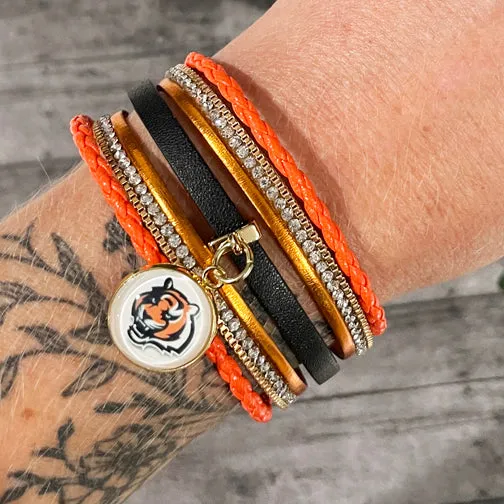 Cincinnati Bengals Tiger Charm Leather Wrap Bracelet