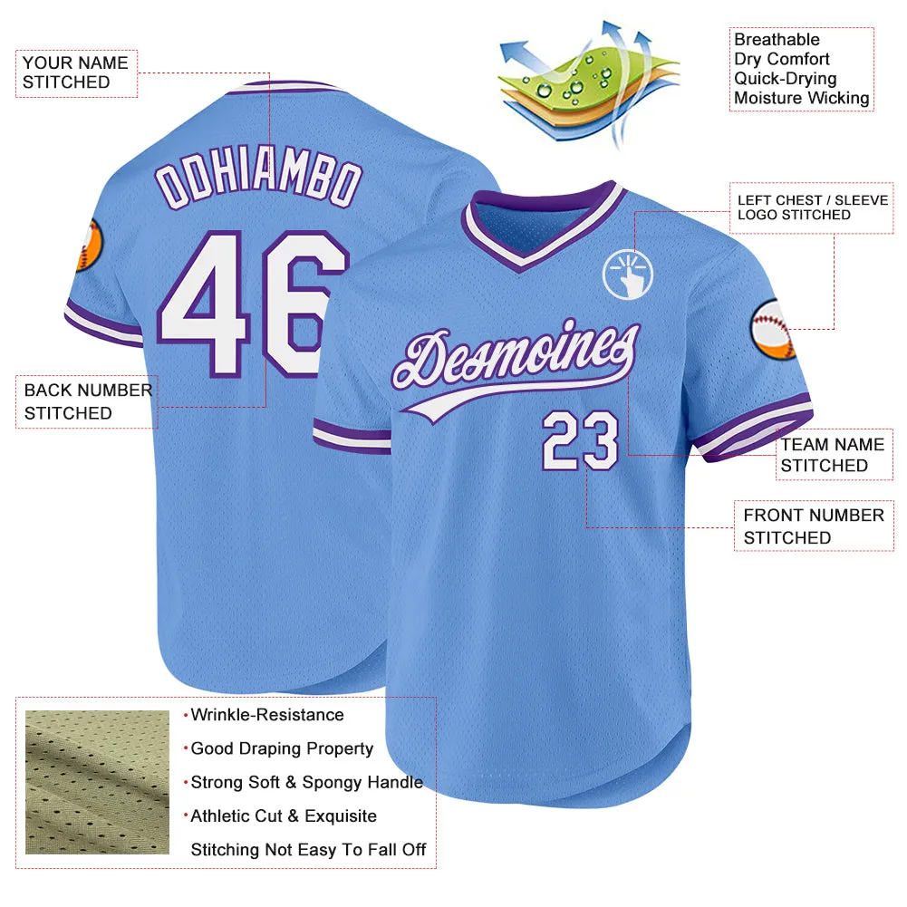 Custom Light Blue White-Purple Authentic Throwback Baseball Jersey