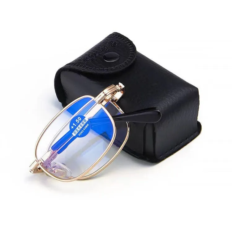 Folding Anti Blue-ray Presbyopic Reading Glasses with Case & Cleaning Cloth,  3.50D(Gold)