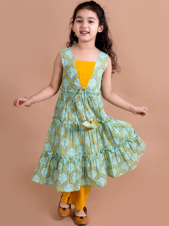 Girls Green Printed Pure Cotton Kurta With Trousers - Ps Peaches