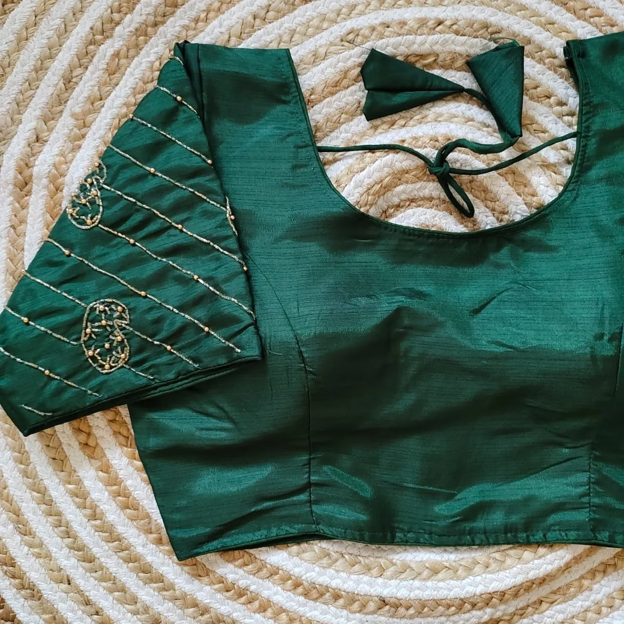 Green Pure Silk Blouse with Handcrafted Sleeves and Back Opening