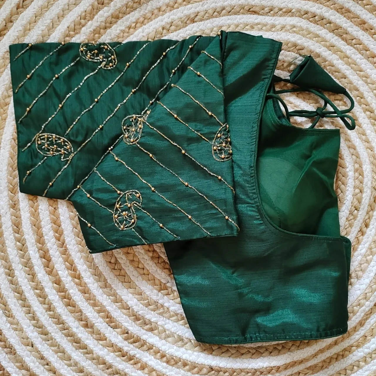 Green Pure Silk Blouse with Handcrafted Sleeves and Back Opening