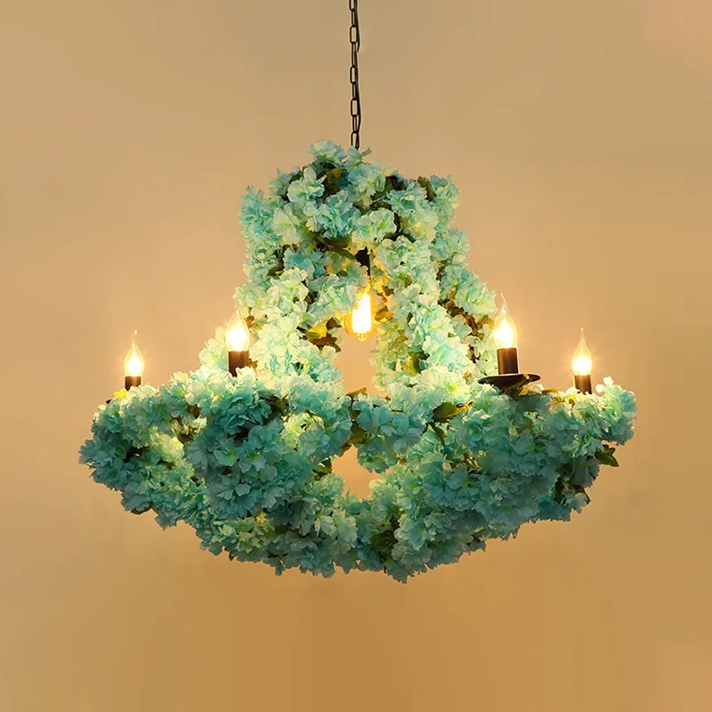 Industrial Metal LED Chandelier with Cherry Blossom Decor - 6 Bulbs Candle Pendant Suspension Lighting Fixture in Blue