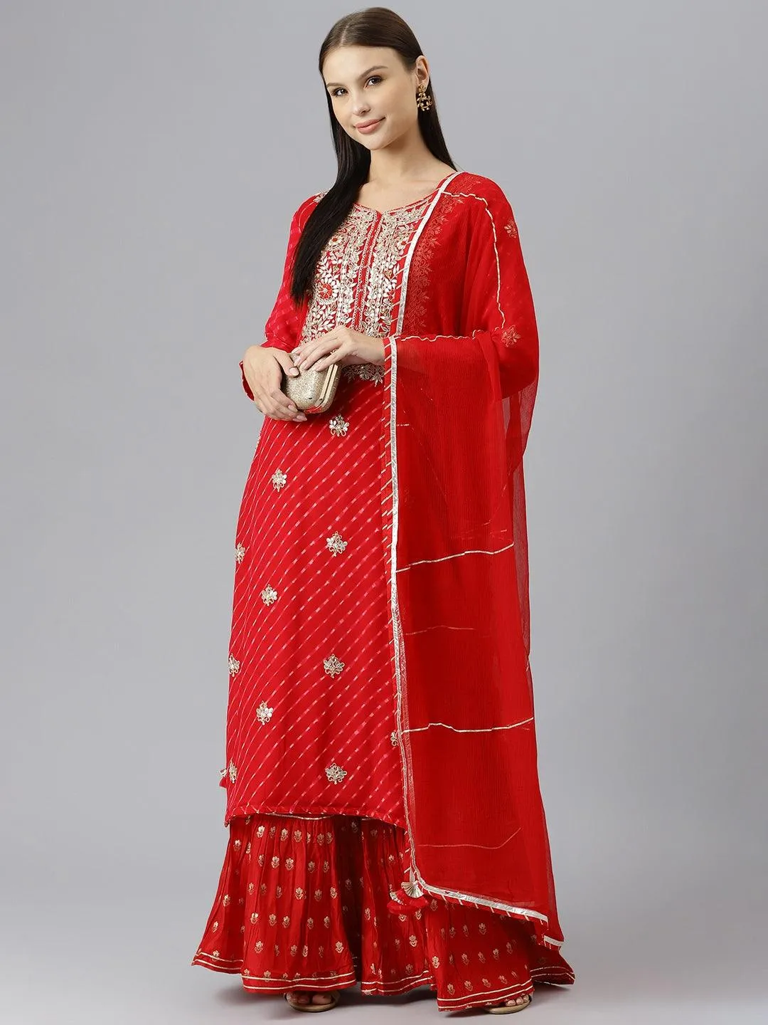 Jashvi Pure georgette Jaipuri Mothda Red Kurta Sharara Set with Dupatta