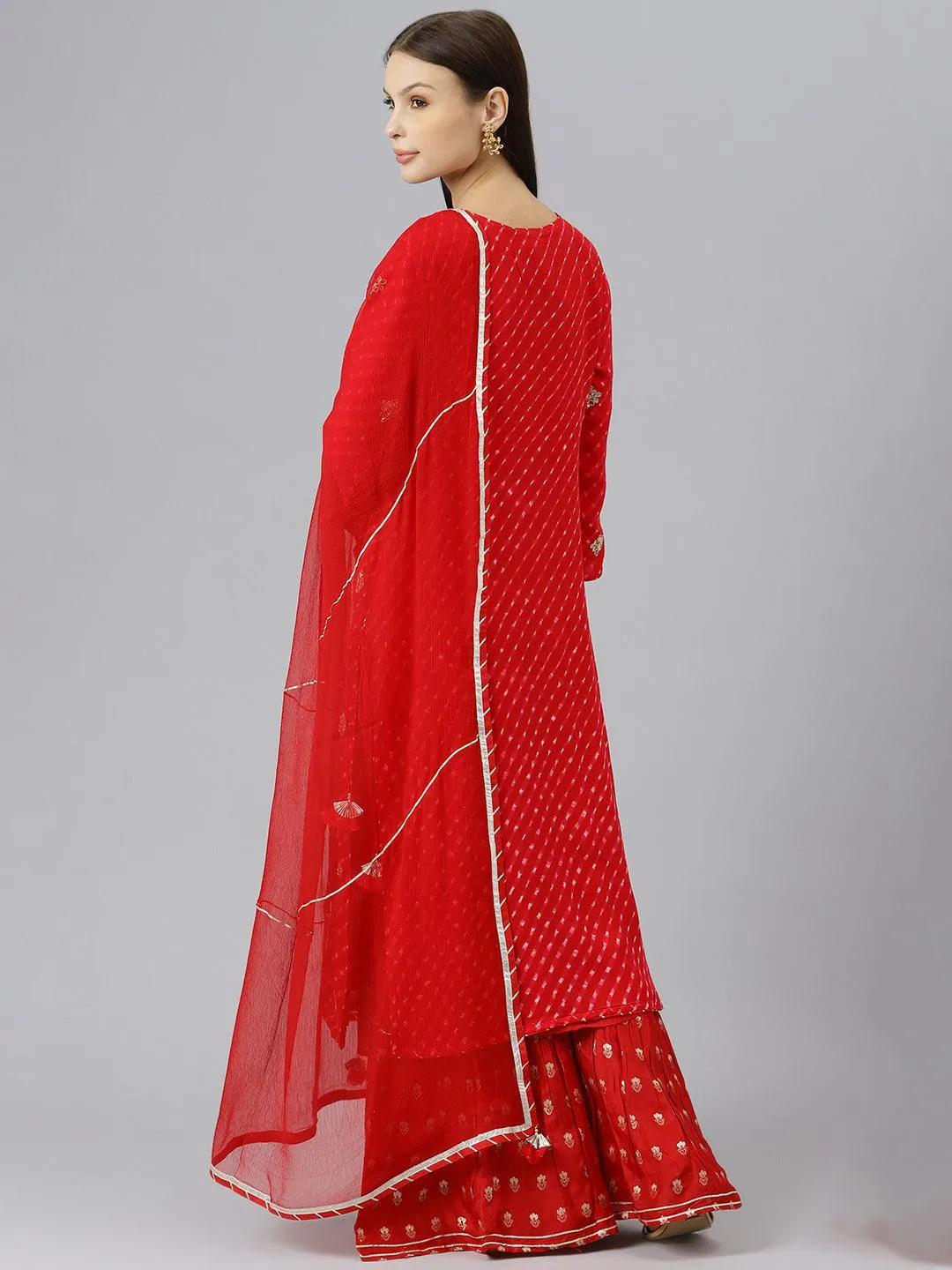 Jashvi Pure georgette Jaipuri Mothda Red Kurta Sharara Set with Dupatta