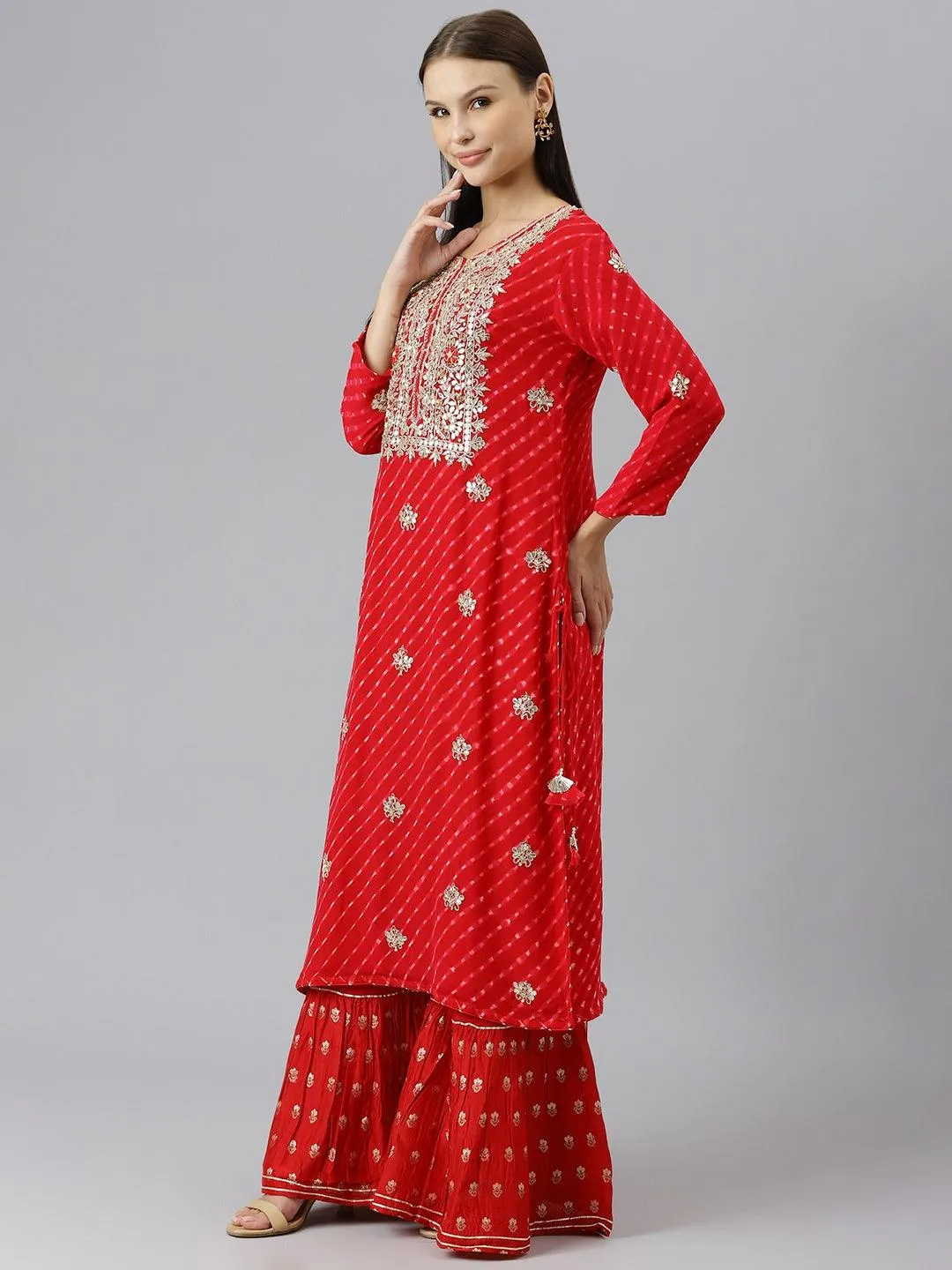 Jashvi Pure georgette Jaipuri Mothda Red Kurta Sharara Set with Dupatta