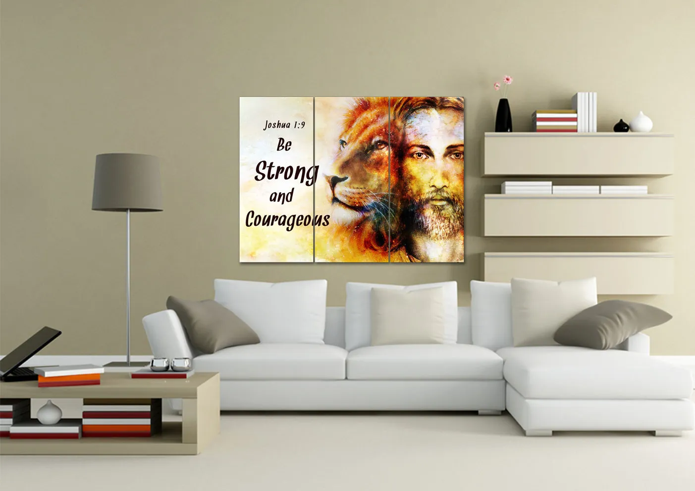 Jesus & Lion Joshua 19 Be Strong And Courageous Wall Art - Christian Canvas Wall Art