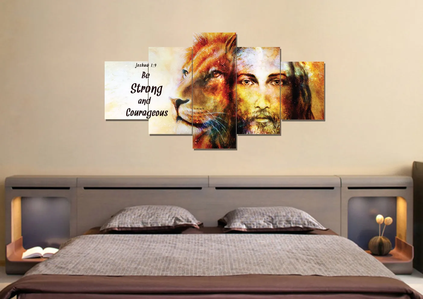 Jesus & Lion Joshua 19 Be Strong And Courageous Wall Art - Christian Canvas Wall Art