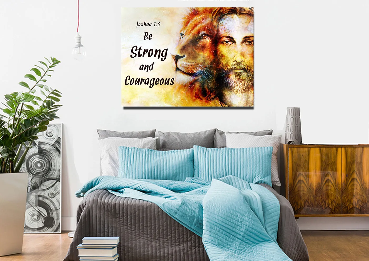 Jesus & Lion Joshua 19 Be Strong And Courageous Wall Art - Christian Canvas Wall Art