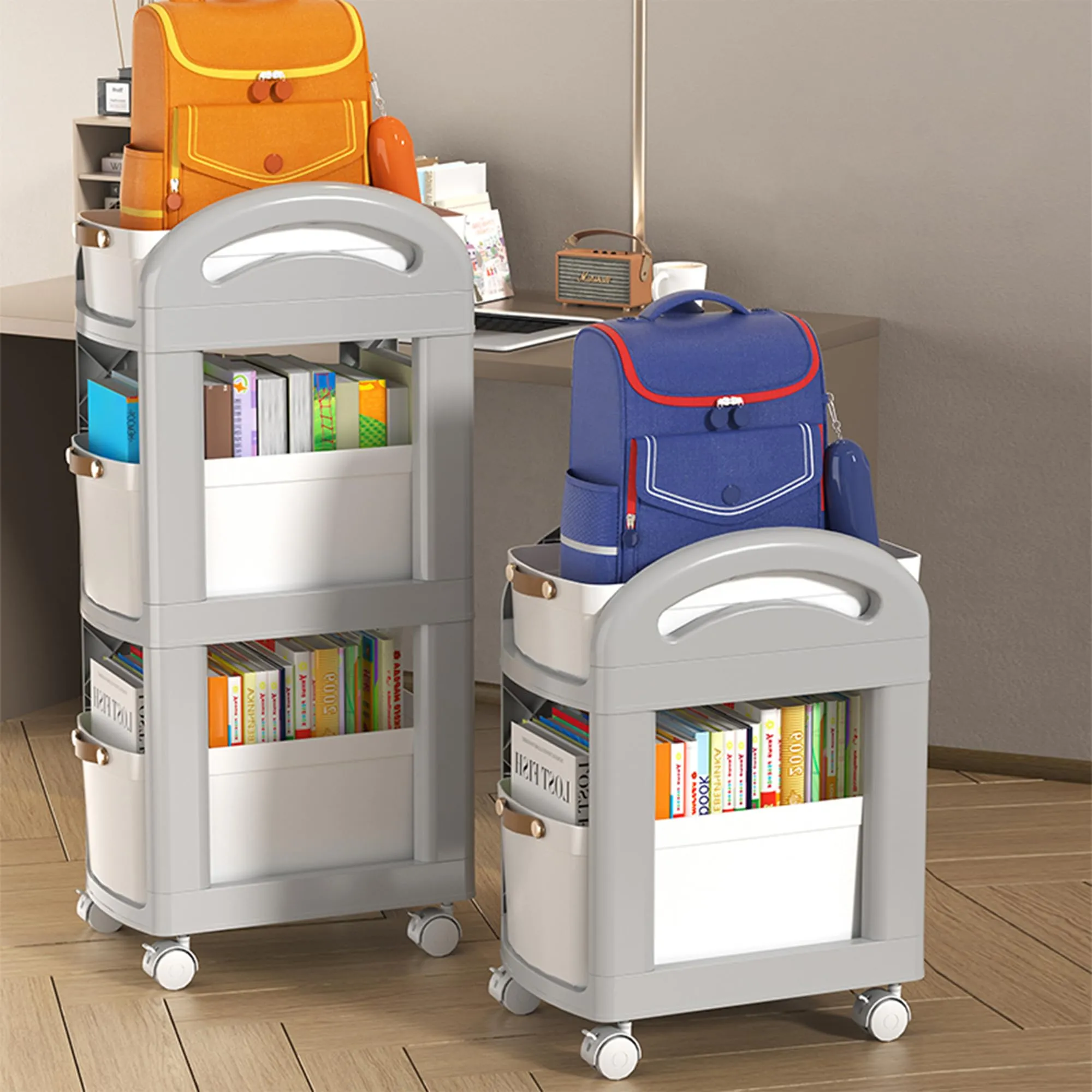 Kuber Industries Pack of 2 Multipurpose Trolley Storage Organiser | 3 Layer Shelf | Trolley with Wheels for Kitchen Accessories | Large Capacity, Easy installation, Space Saving | 812|Gray