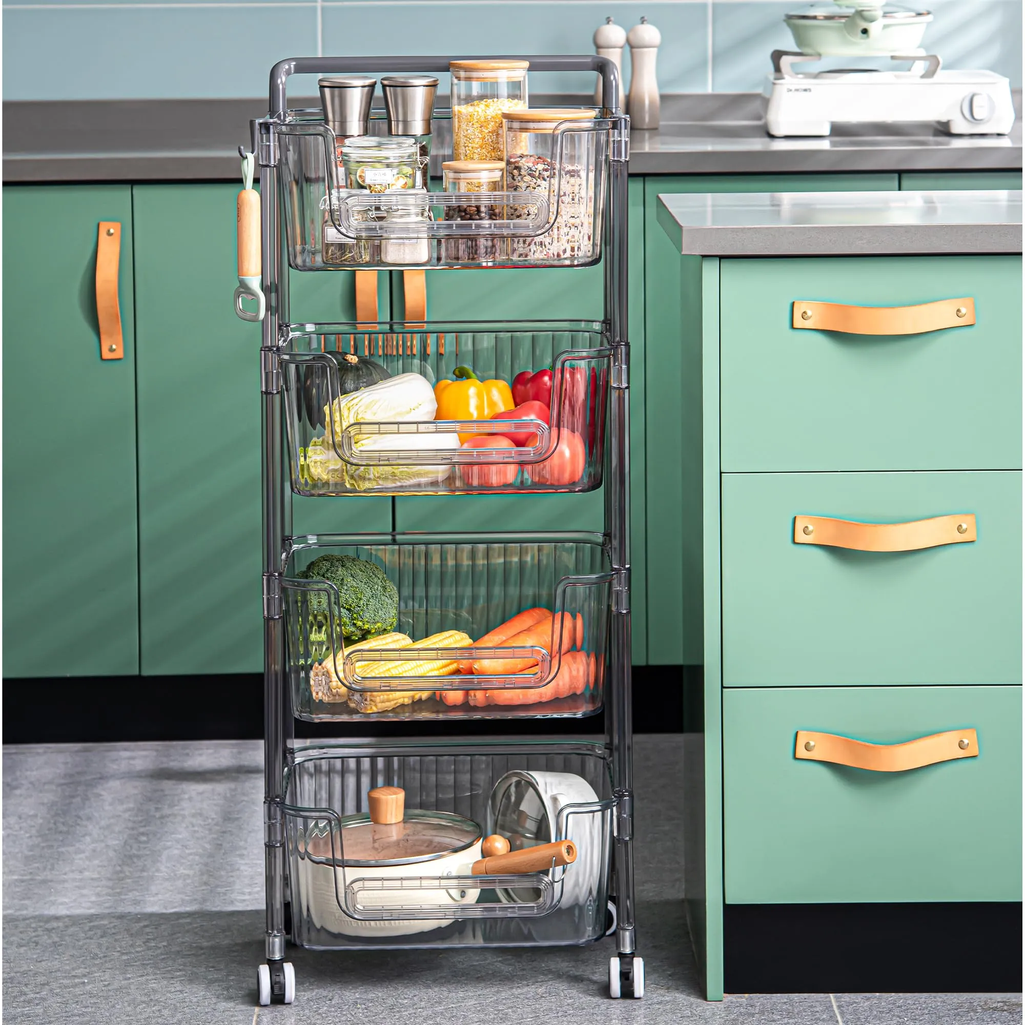 Kuber Industries Pack of 4 Multipurpose Trolley Storage Organiser | 3 Layer Shelf | Trolley with Wheels for Kitchen Accessories | Large Capacity, Easy installation, Space Saving | 2123 | Transparent