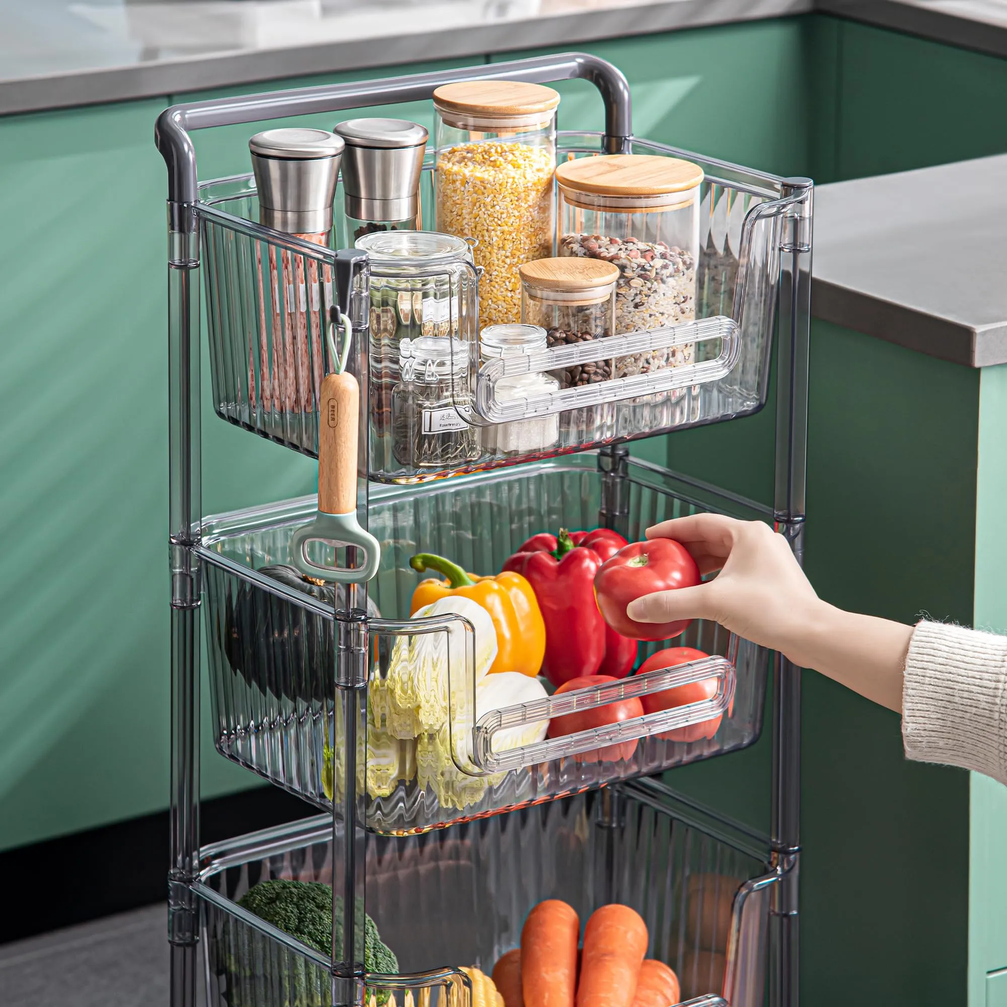 Kuber Industries Pack of 4 Multipurpose Trolley Storage Organiser | 3 Layer Shelf | Trolley with Wheels for Kitchen Accessories | Large Capacity, Easy installation, Space Saving | 2123 | Transparent