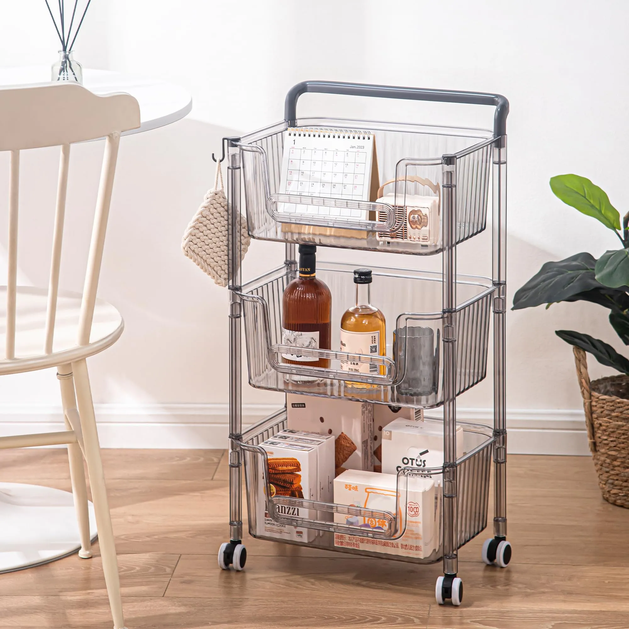 Kuber Industries Pack of 4 Multipurpose Trolley Storage Organiser | 3 Layer Shelf | Trolley with Wheels for Kitchen Accessories | Large Capacity, Easy installation, Space Saving | 2123 | Transparent