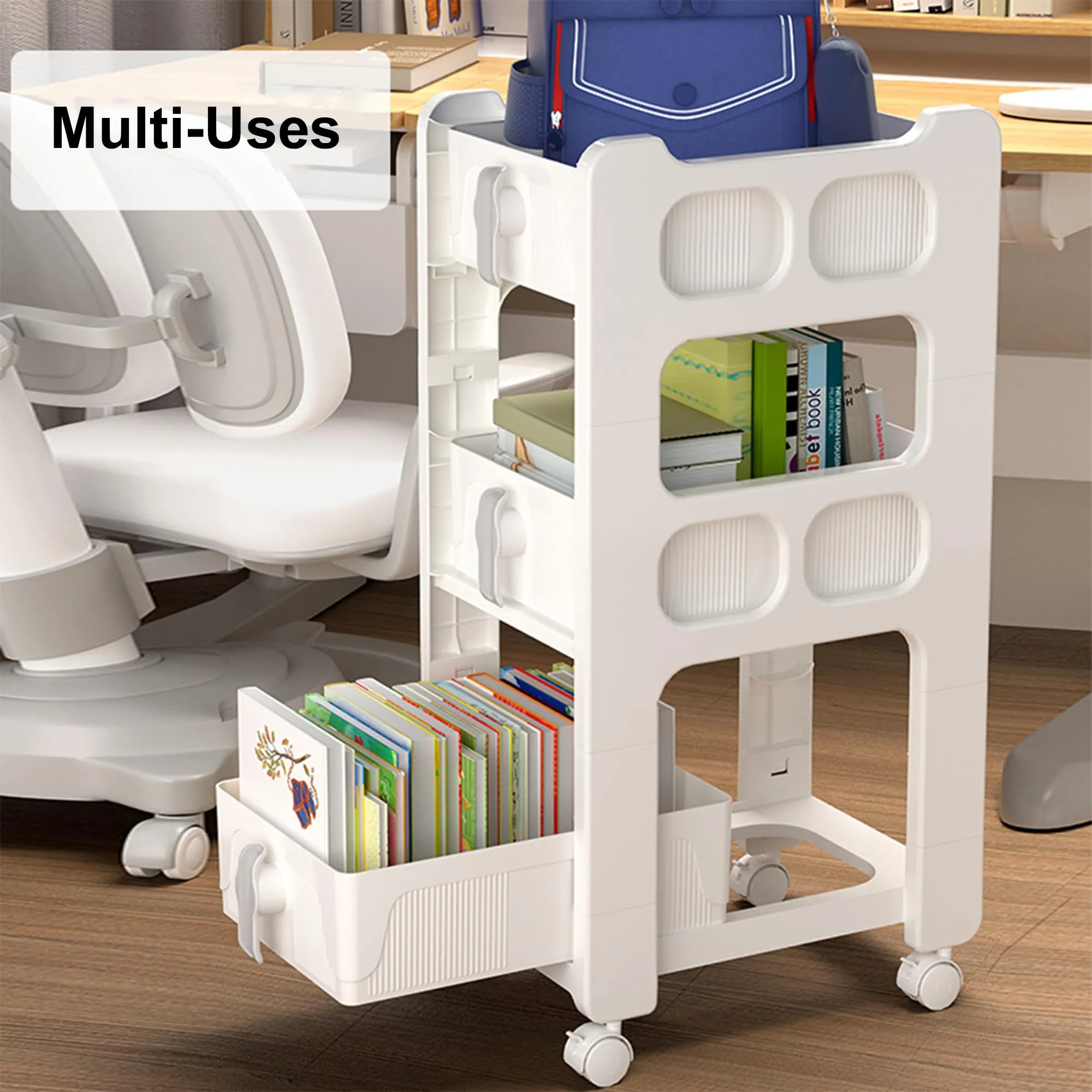 Kuber Industries Pack of 4 Multipurpose Trolley Storage Organiser | 3 Layer Shelf | Trolley with Wheels for Kitchen Accessories | Large Capacity, Easy installation, Space Saving | 6401 | White