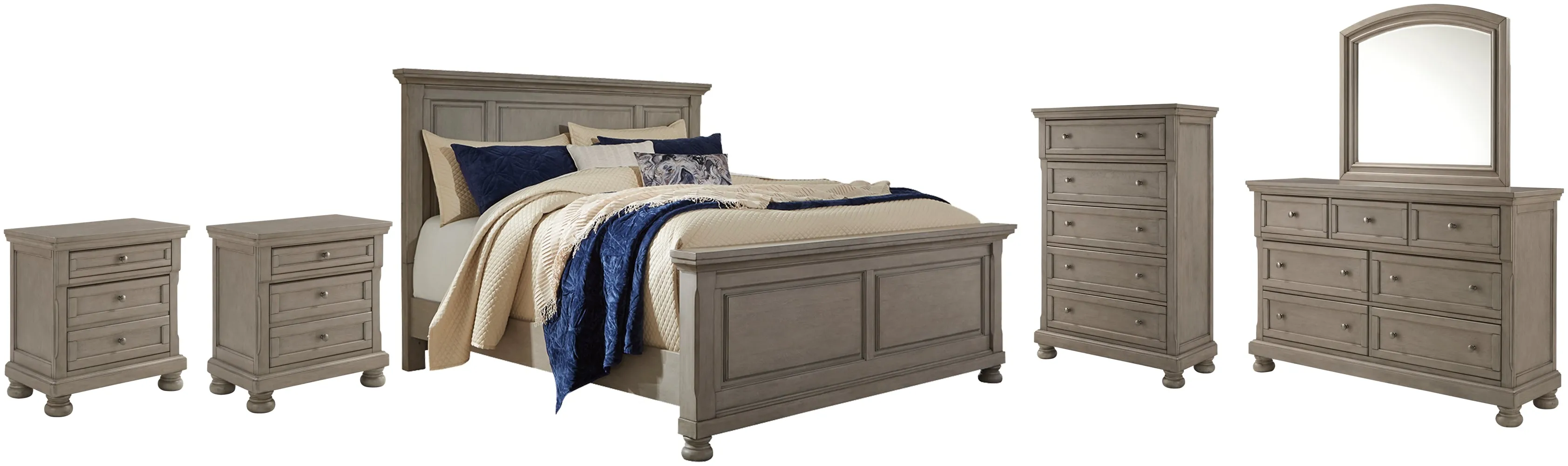 Lettner California King Panel Bed with Mirrored Dresser, Chest and 2 Nightstands