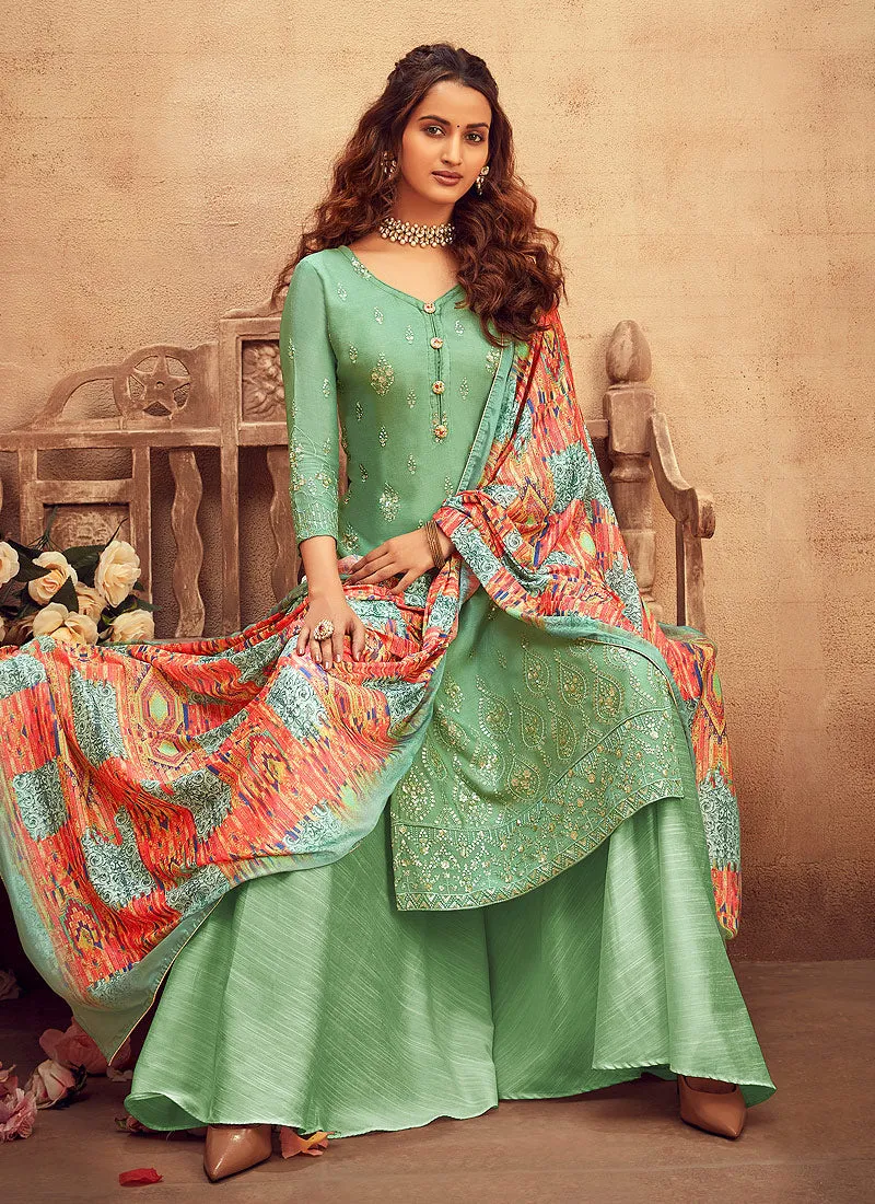 Light Green Embroidered Designer Palazzo Suit