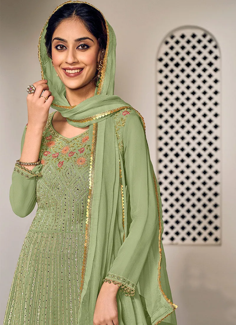 Light Green Zari Embroidered Gharara Style Suit