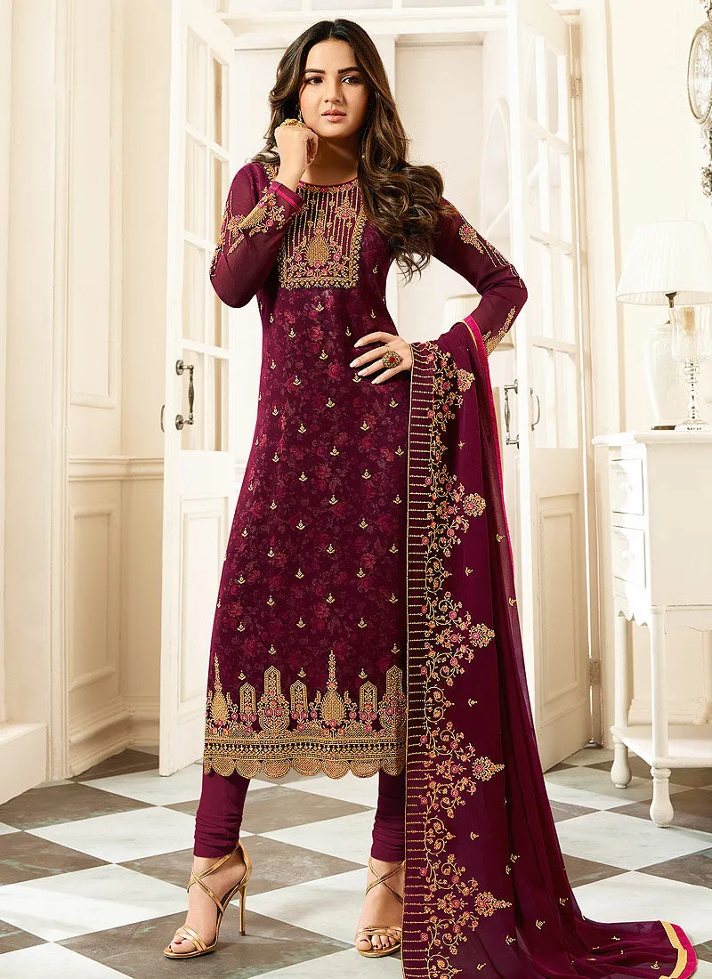 Maroon All Ethnic Embroidered Pakistani Pant Suit