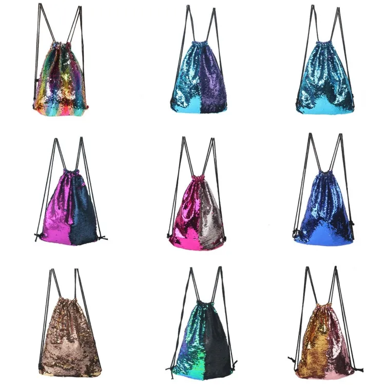 Mermaid Glittering Sequin Drawstring Sports Backpack Shoulder Bag(Blue Pink)