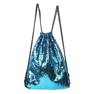 Mermaid Glittering Sequin Drawstring Sports Backpack Shoulder Bag(Blue Pink)