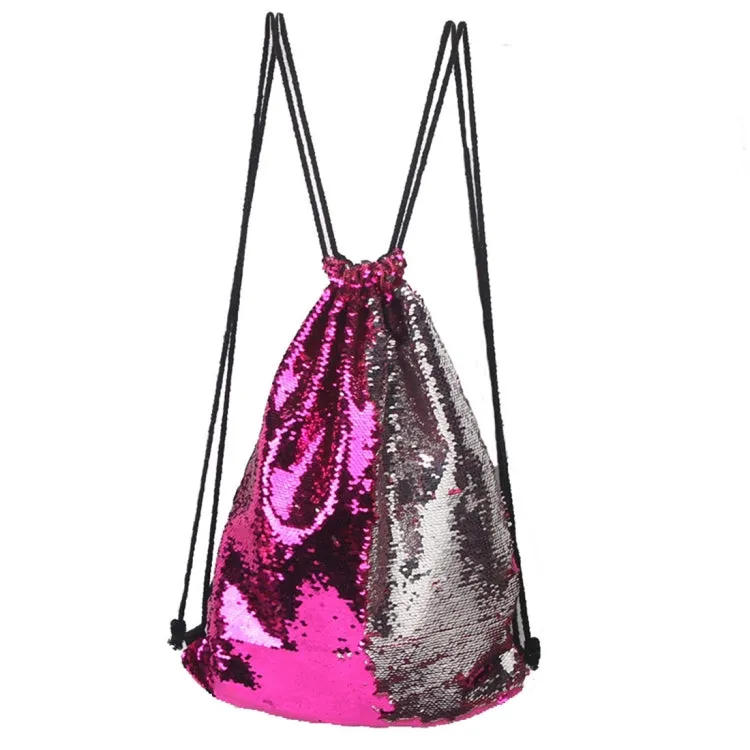 Mermaid Glittering Sequin Drawstring Sports Backpack Shoulder Bag(Magenta Silver)