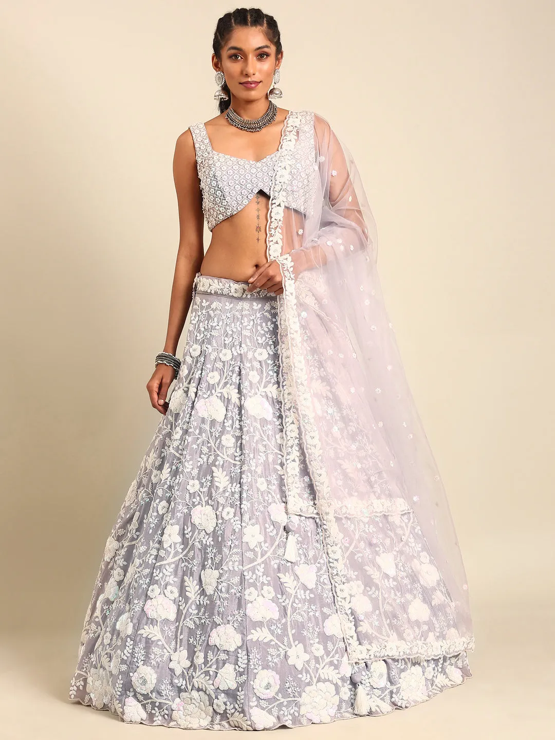 Mesmerizing Mauve Chinon Lehenga - Sequins & Zardozi Embroidery