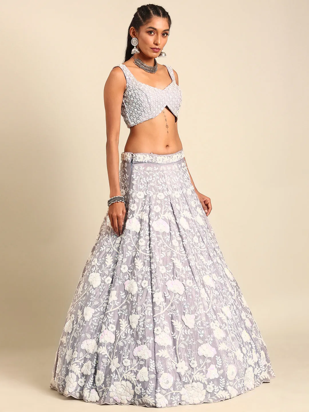 Mesmerizing Mauve Chinon Lehenga - Sequins & Zardozi Embroidery