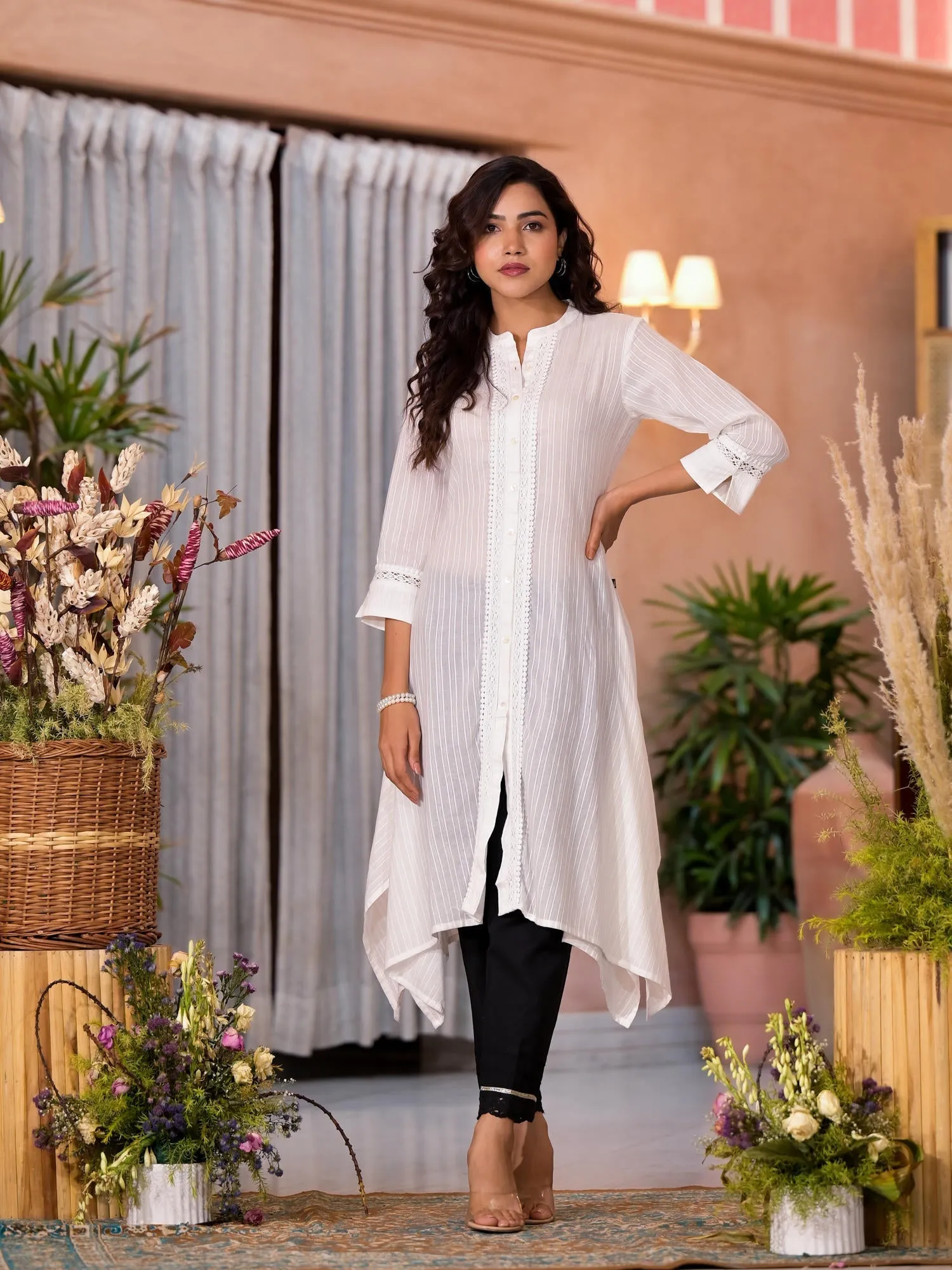 Off White Thread Embroidered Cotton Asymmetrical Kurta With Button Closure