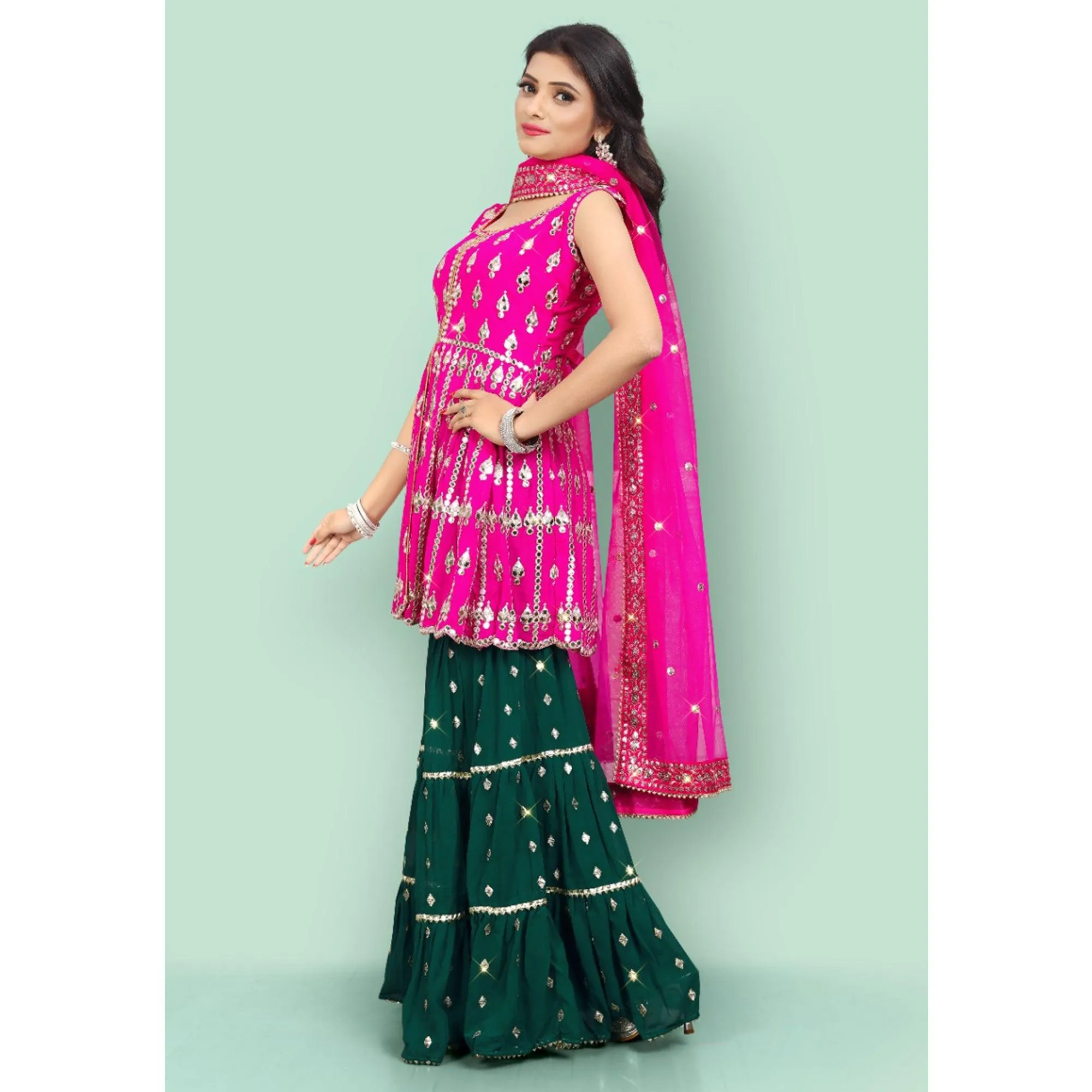 Pink Partywear Thread With Mirror Embroidered Georgette Sharara Suit