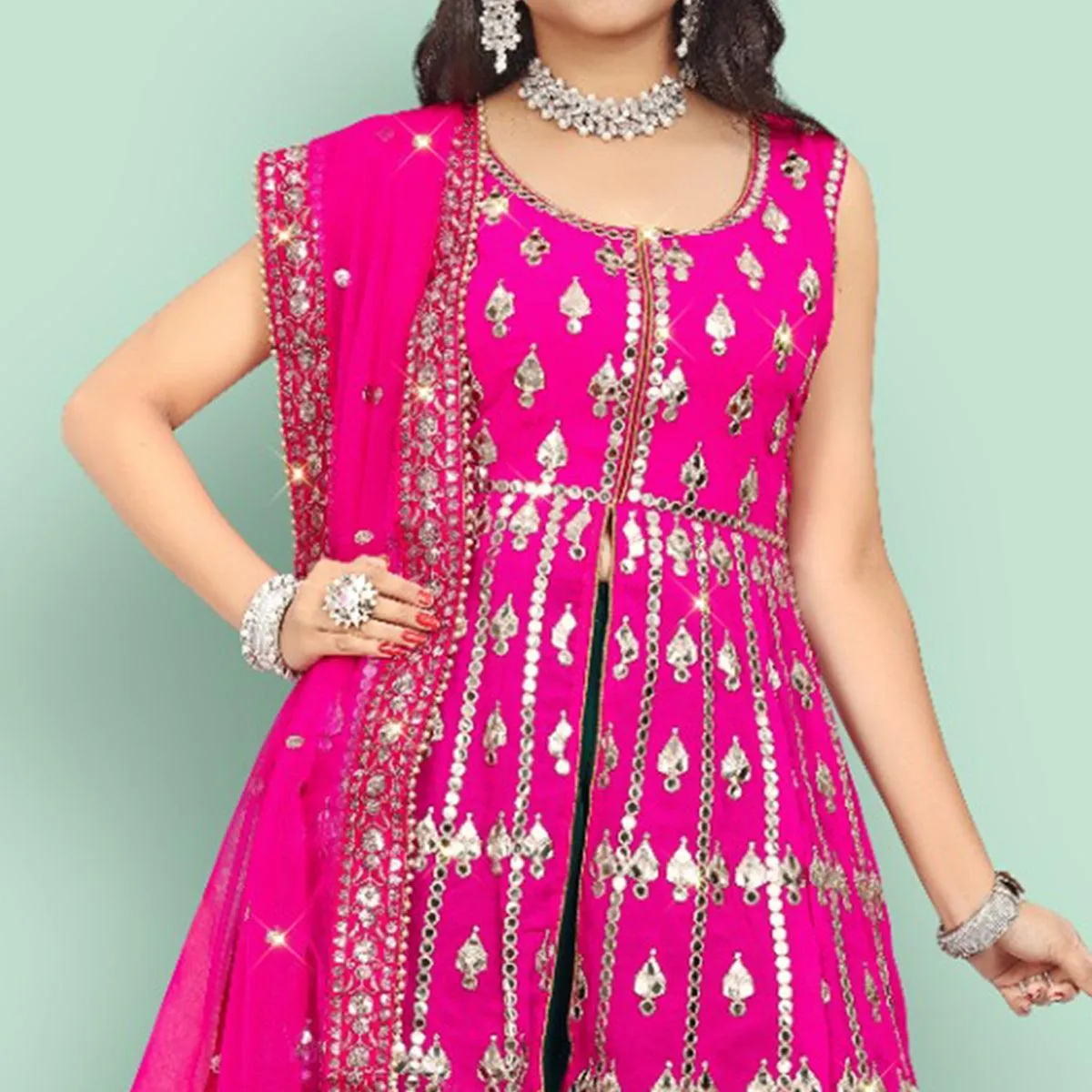 Pink Partywear Thread With Mirror Embroidered Georgette Sharara Suit