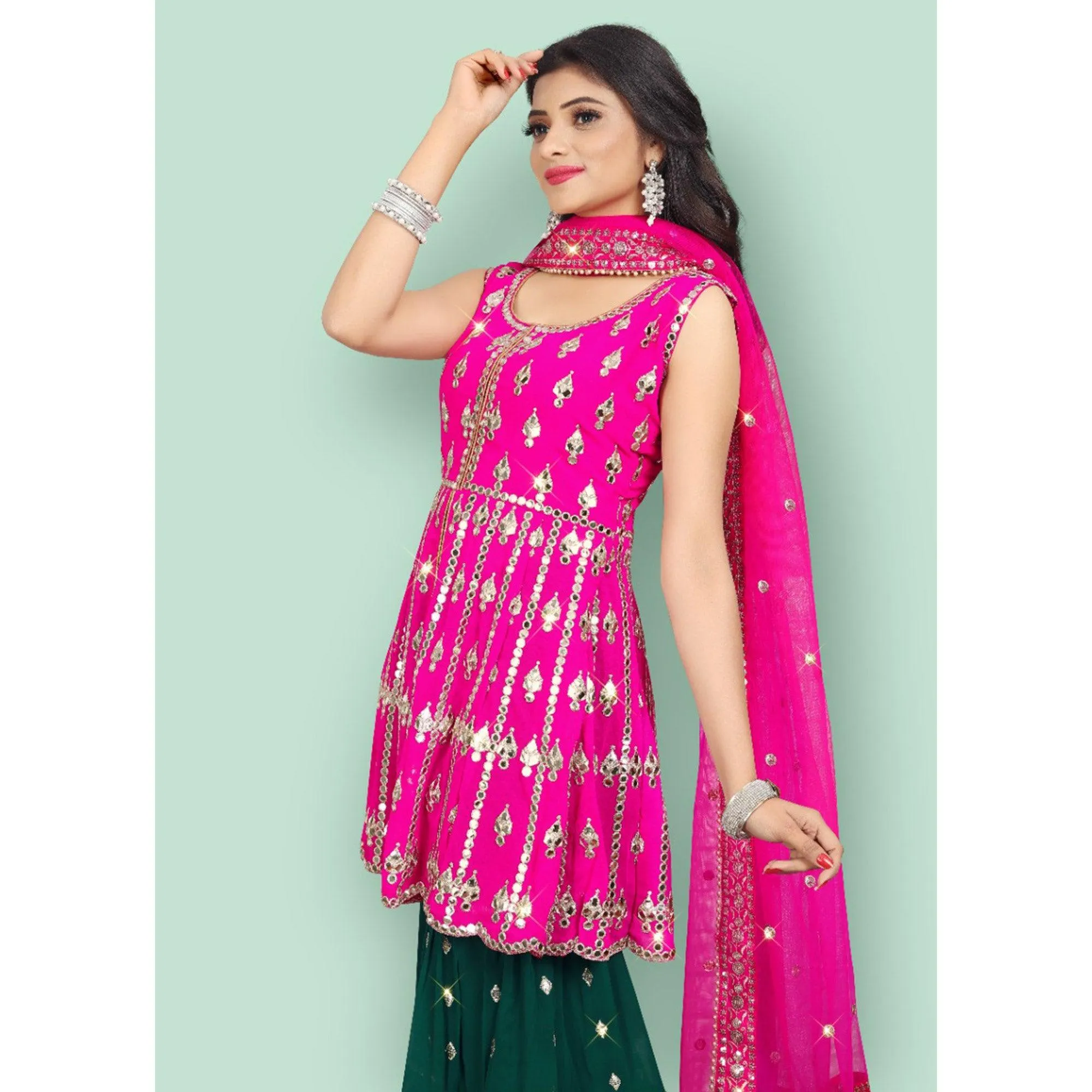 Pink Partywear Thread With Mirror Embroidered Georgette Sharara Suit