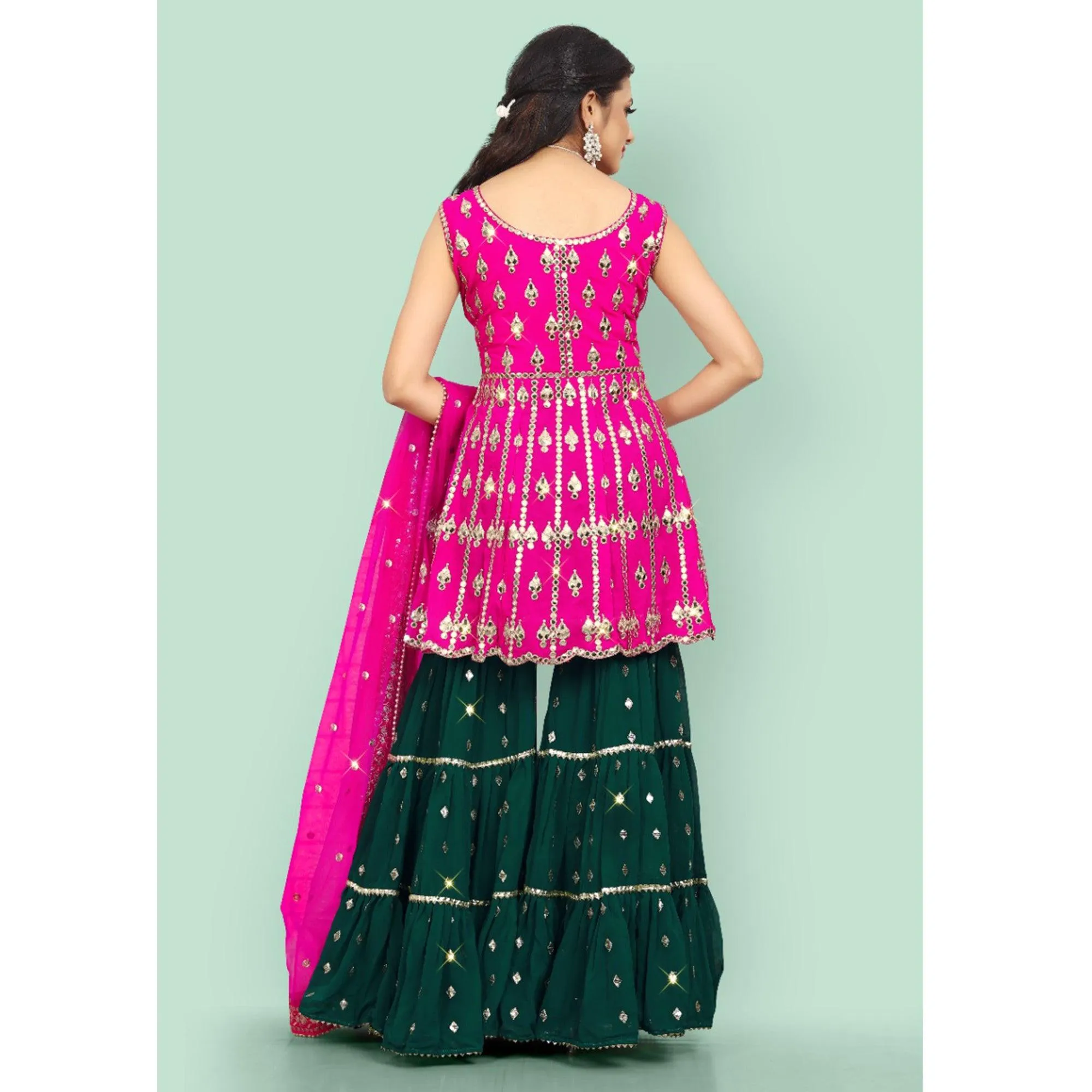 Pink Partywear Thread With Mirror Embroidered Georgette Sharara Suit