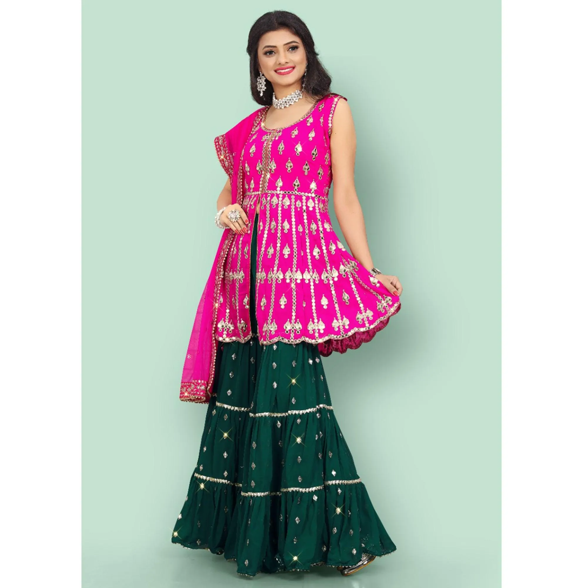 Pink Partywear Thread With Mirror Embroidered Georgette Sharara Suit