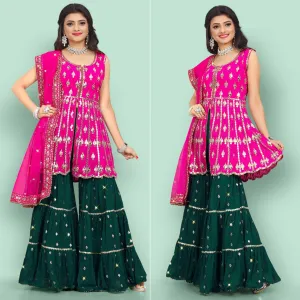 Pink Partywear Thread With Mirror Embroidered Georgette Sharara Suit