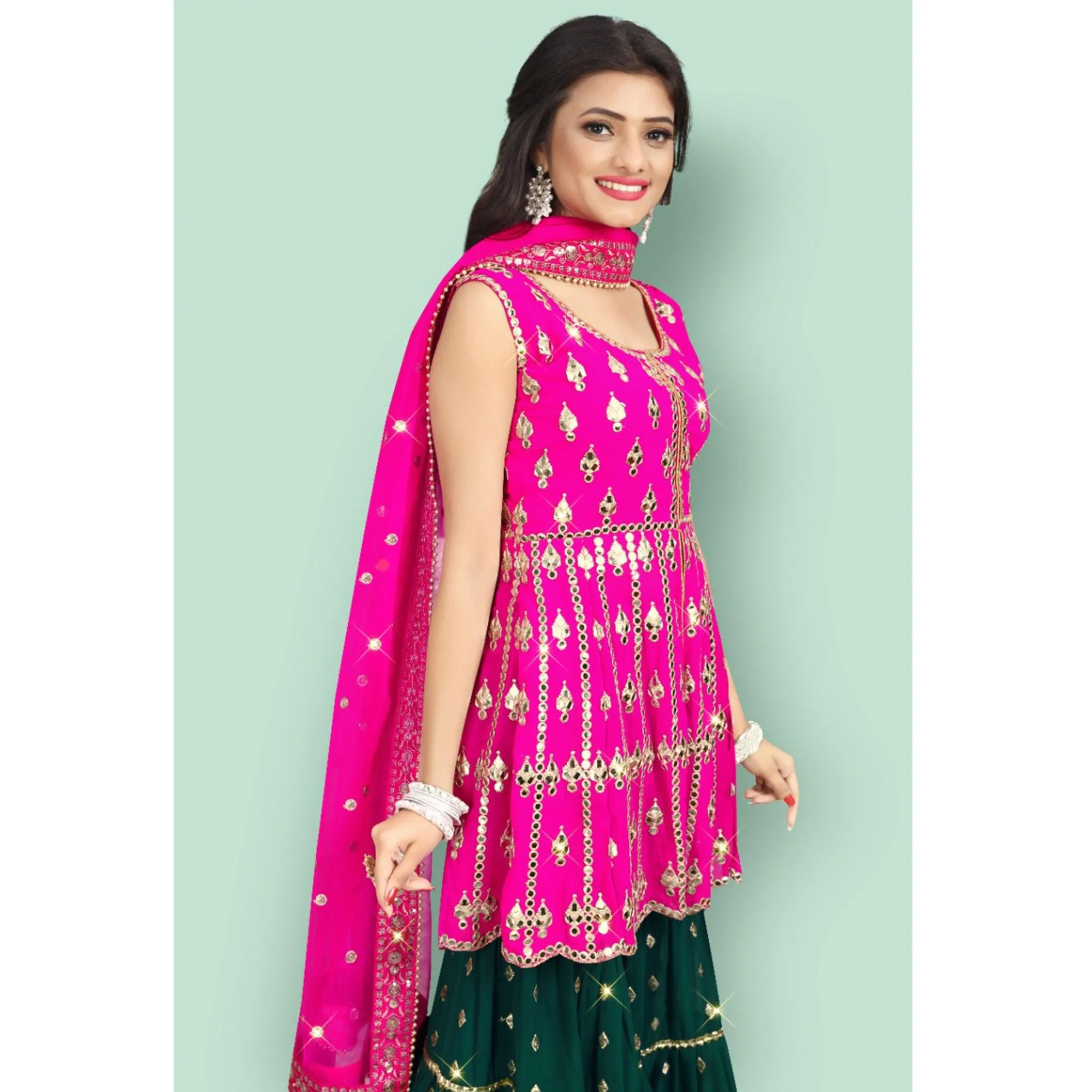 Pink Partywear Thread With Mirror Embroidered Georgette Sharara Suit