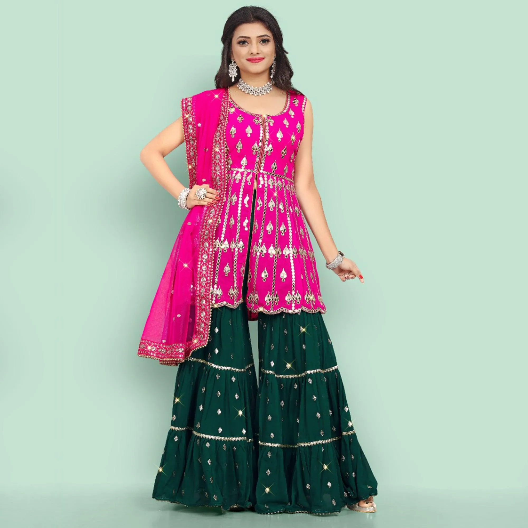 Pink Partywear Thread With Mirror Embroidered Georgette Sharara Suit