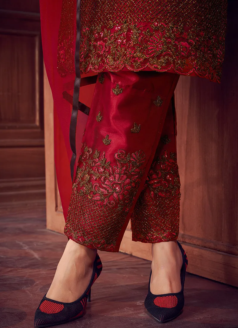 Red Zari Embroidered Traditional Pant Suit