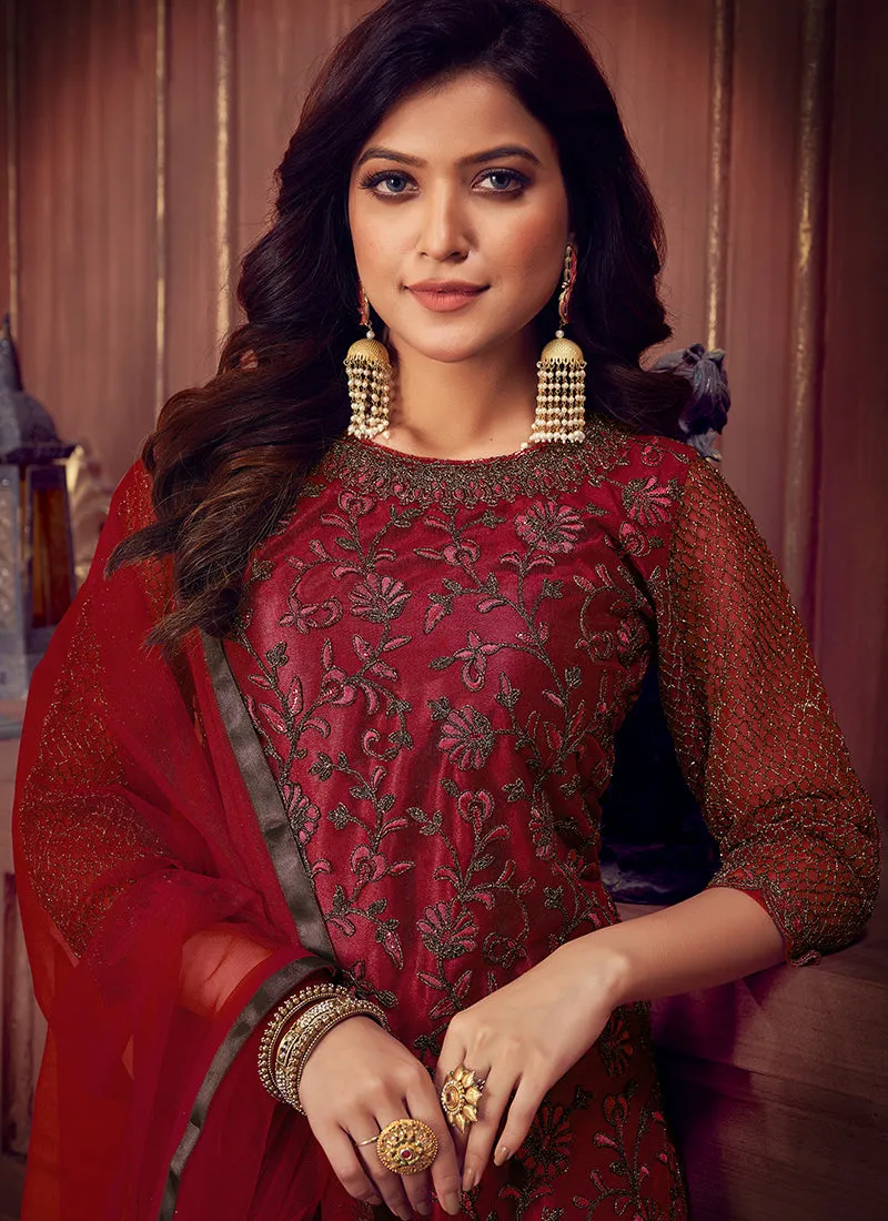 Red Zari Embroidered Traditional Pant Suit