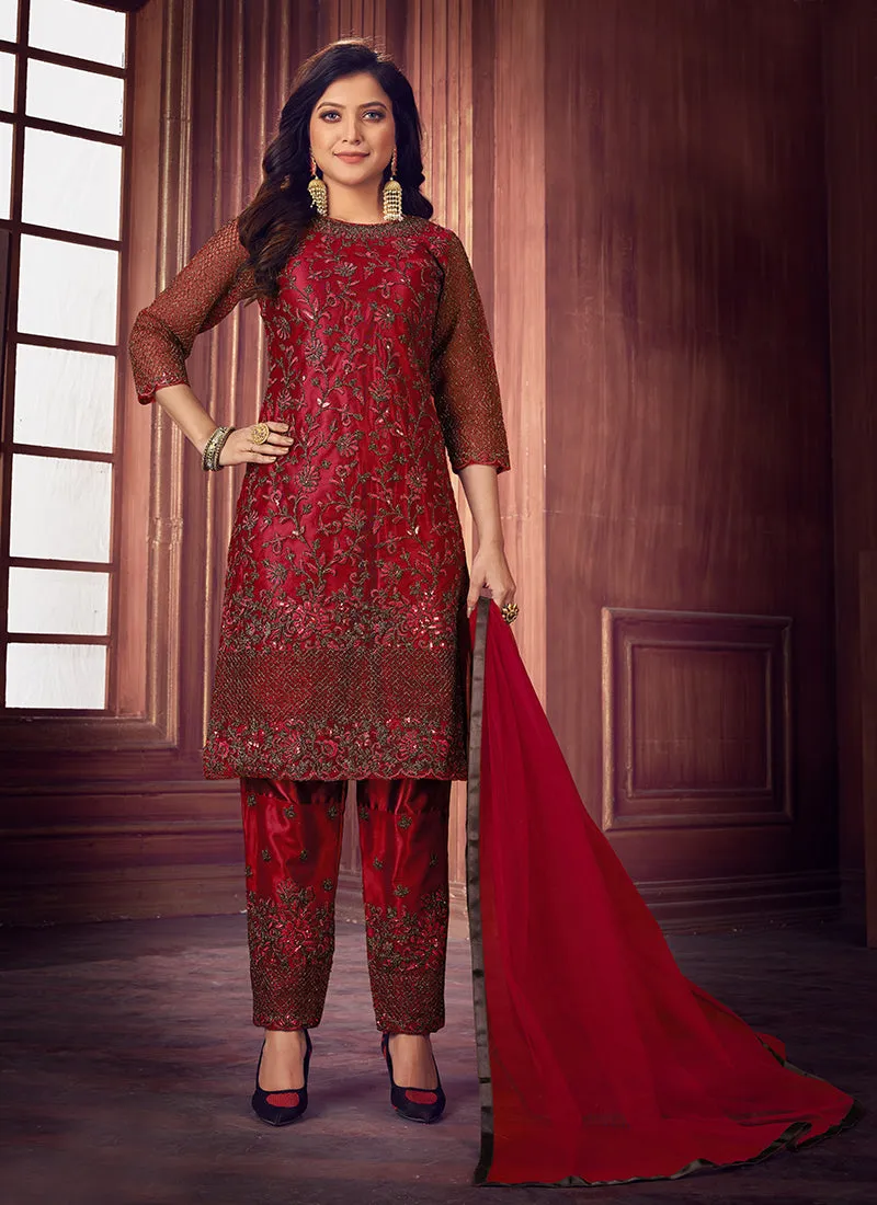 Red Zari Embroidered Traditional Pant Suit