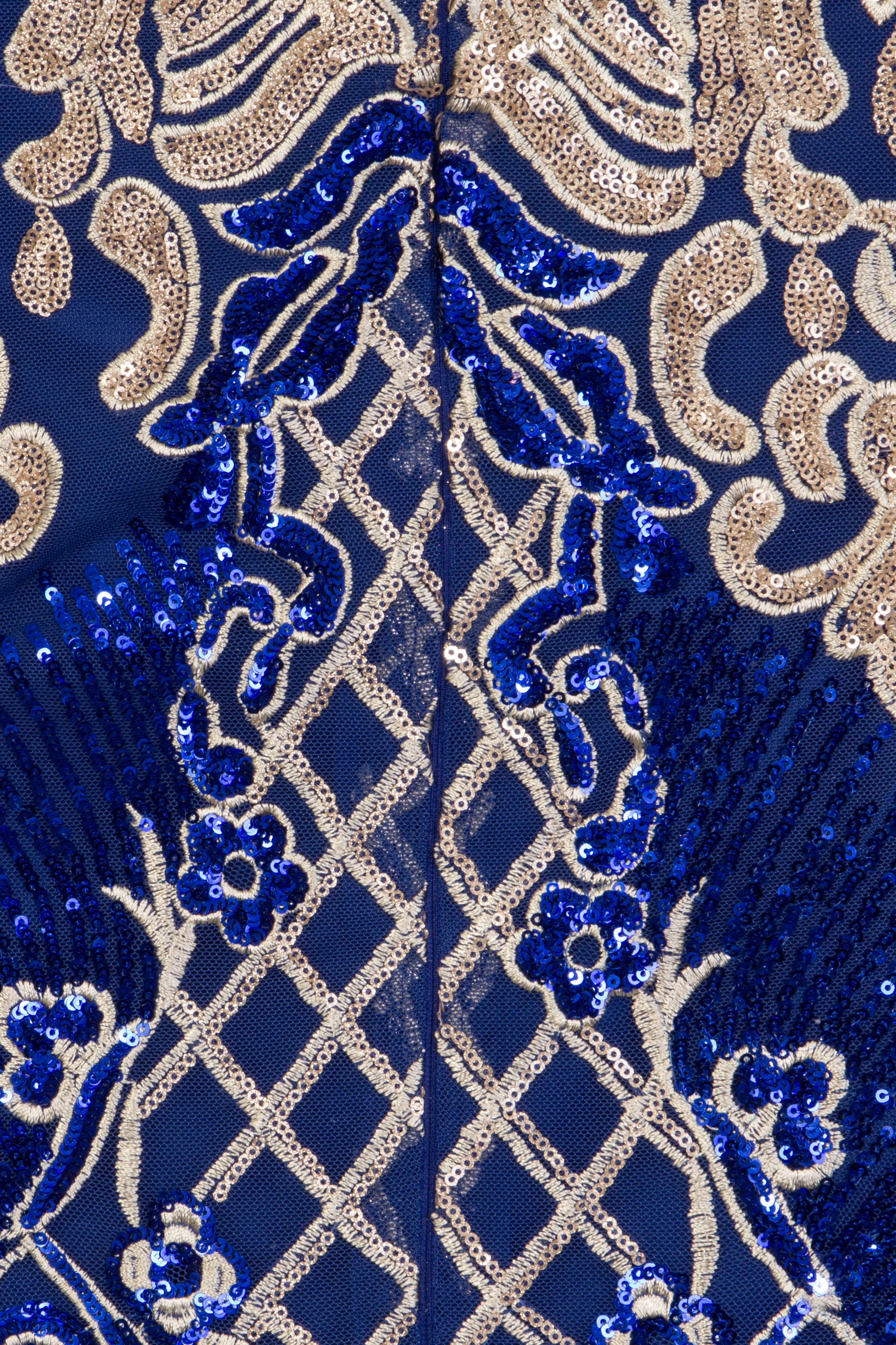 Royalty Vip Blue Gold Sequin & Embroidery Bardot Fishtail Mermaid Dress