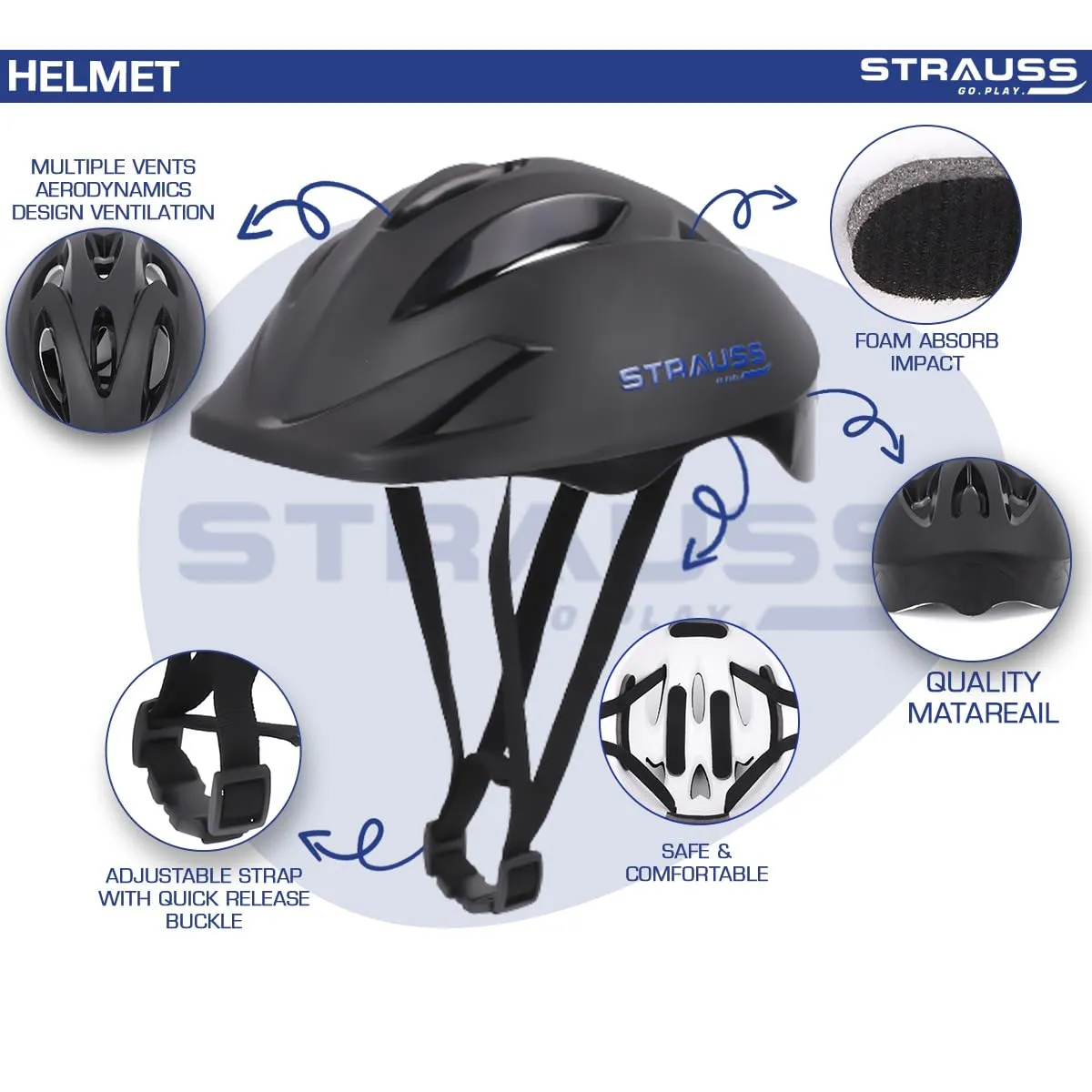 STRAUSS Orion Cycling Helmet Adjustable Multi Utility Sports Helmet For Cycling, Skating And Skateboarding Light Weight With Superior Ventilation Ideal For Adults And Kids, (Black Matte), Small