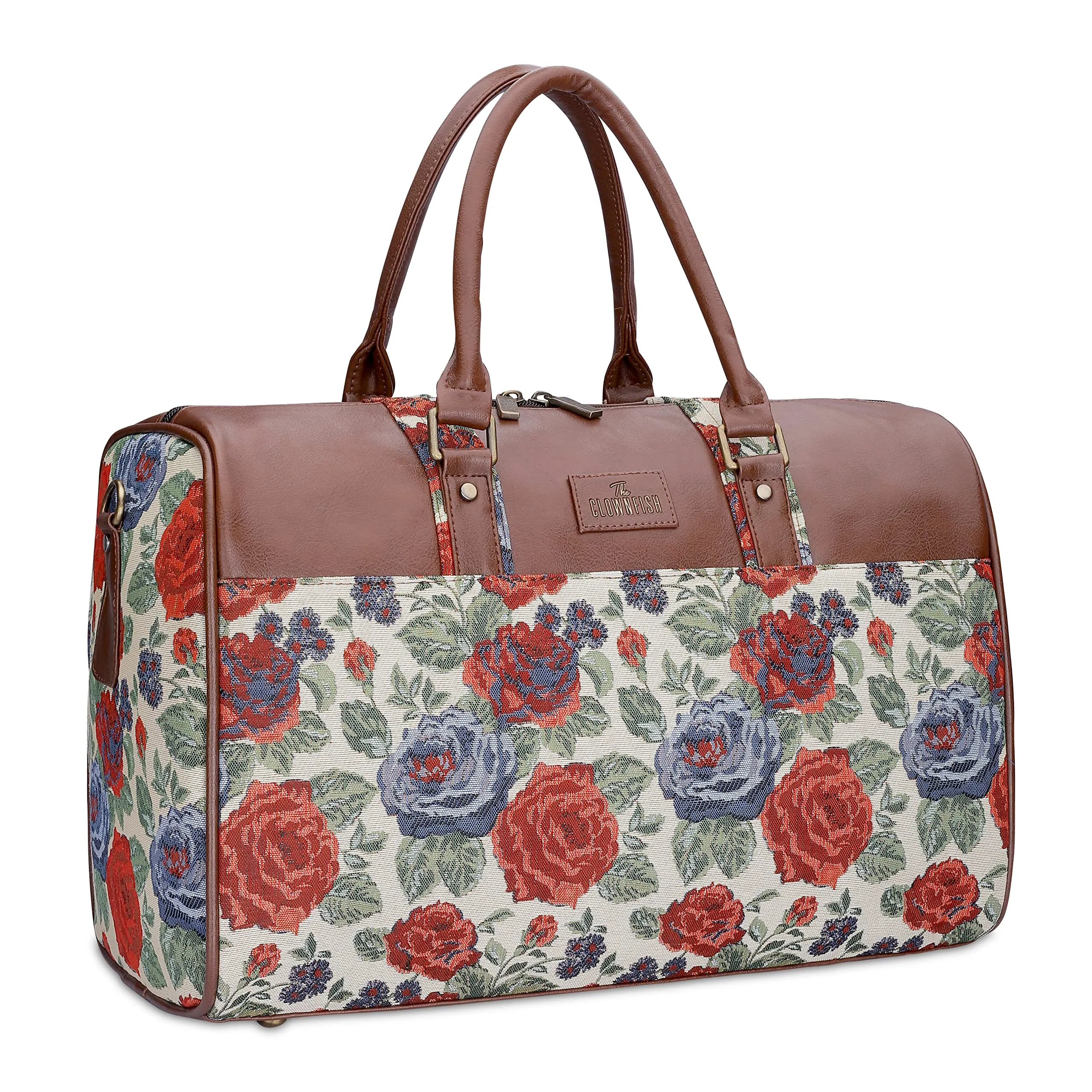 The Clownfish Brooklyn 32 litres Tapestry with Faux Leather Unisex Travel Duffle Bag Luggage Weekender Bag (Red-Floral)