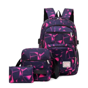 WA208 3 In 1 Diamond Print Canvas Backpack Shoulder Bag Student Schoolbag(Rose Red)