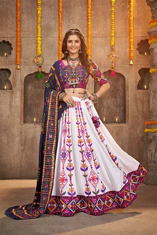 White Exclusive Embroidered with Mirror Work Navratri Chaniya Choli