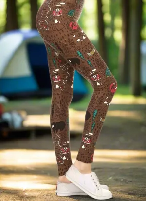 Womens Camper Bear Fox Owl Leggings, Soft Yoga Pants, Sizes 18-22, No-Roll Waist, Brown